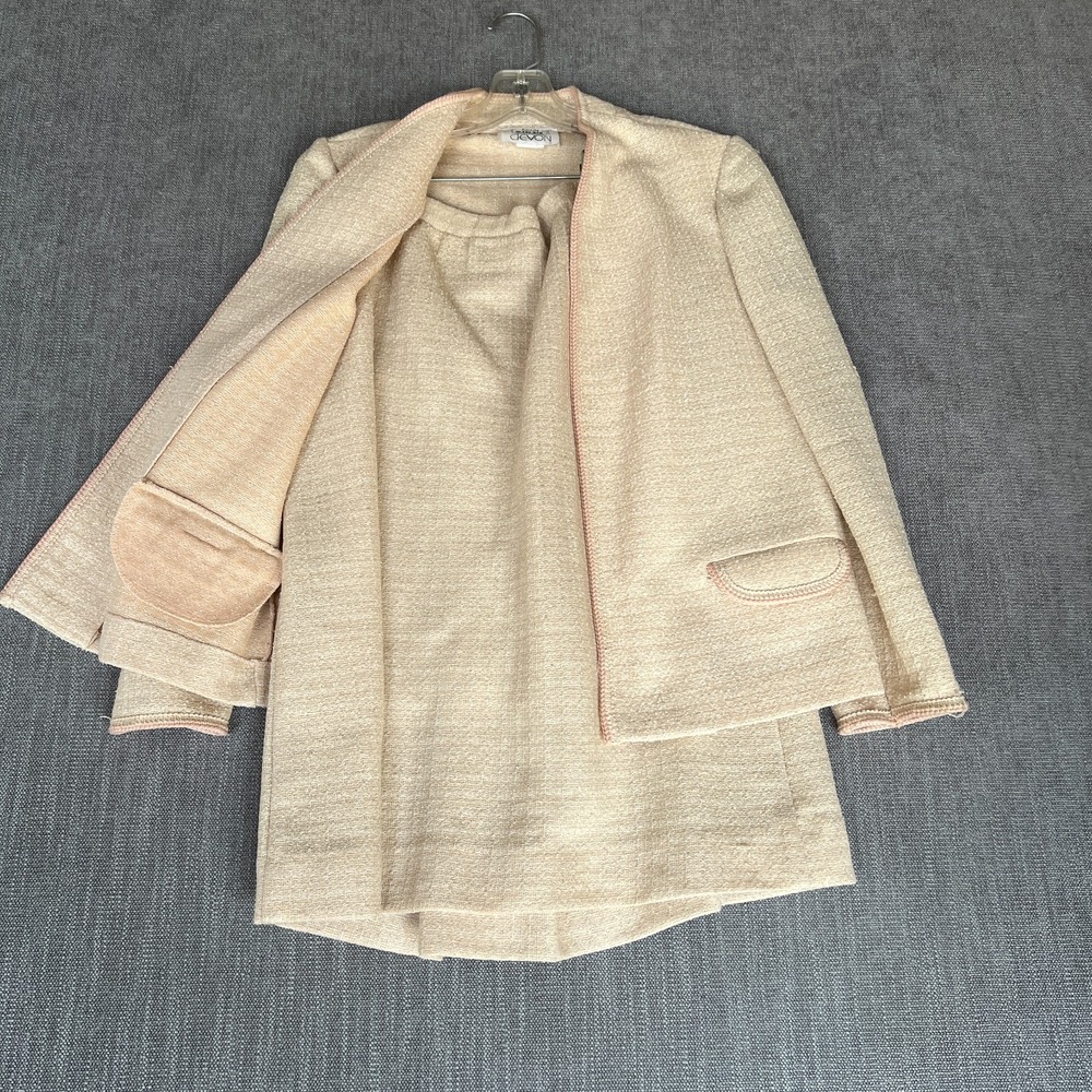 Vtg Devon Two-Piece Blazer & Skirt Suit Set Womens 14 Beige Knitted Open Front